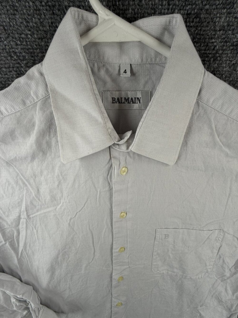 Balmain Men Button Up Long Sleeve Shirt Cotton Size 4 Gray Pocket Logo Textured